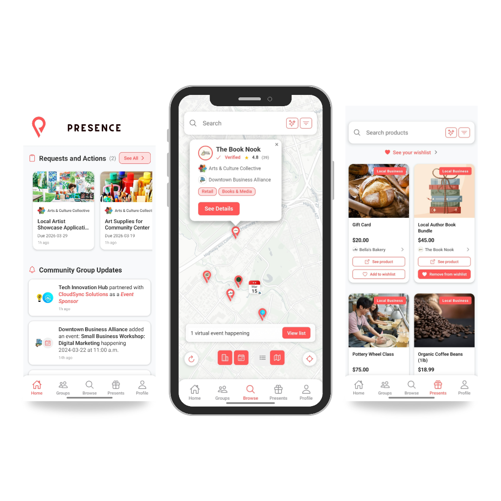 Presence app: groups, business directories, and discovery
